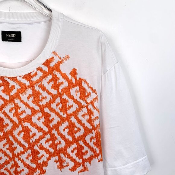 Fendi Mens White & Orange Logo T-Shirt L 100% Cotton Made In Italy - Picture 3 of 6